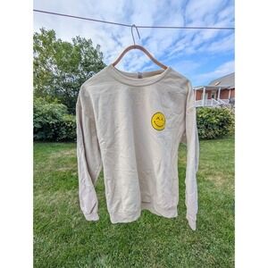 Crewneck Sweatshirt Beige Smiley Face Casual Pullover Comfy Soft Mens